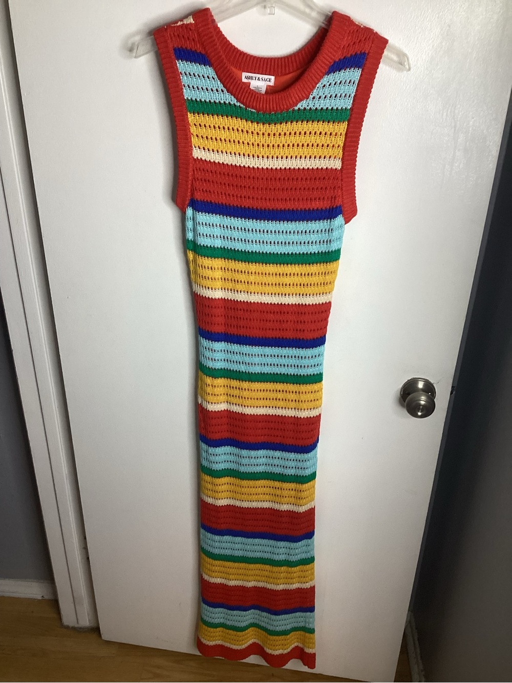 NWOT Sleeveless Striped Rainbow Maxi Dress in Red, Yellow & Blue L